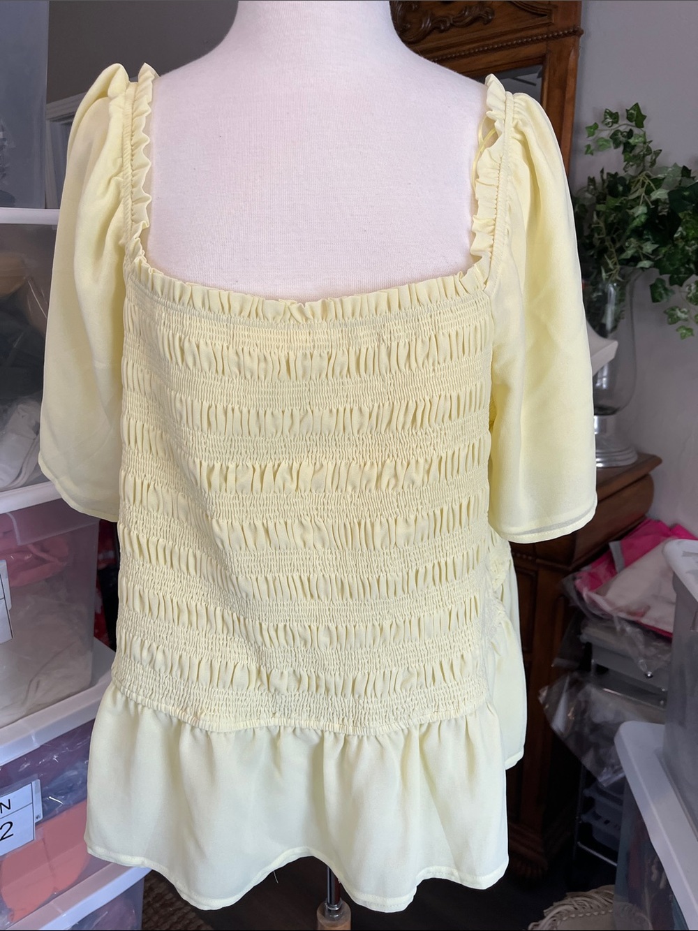 Smocked Square-Neck Blouse in Pale Yellow